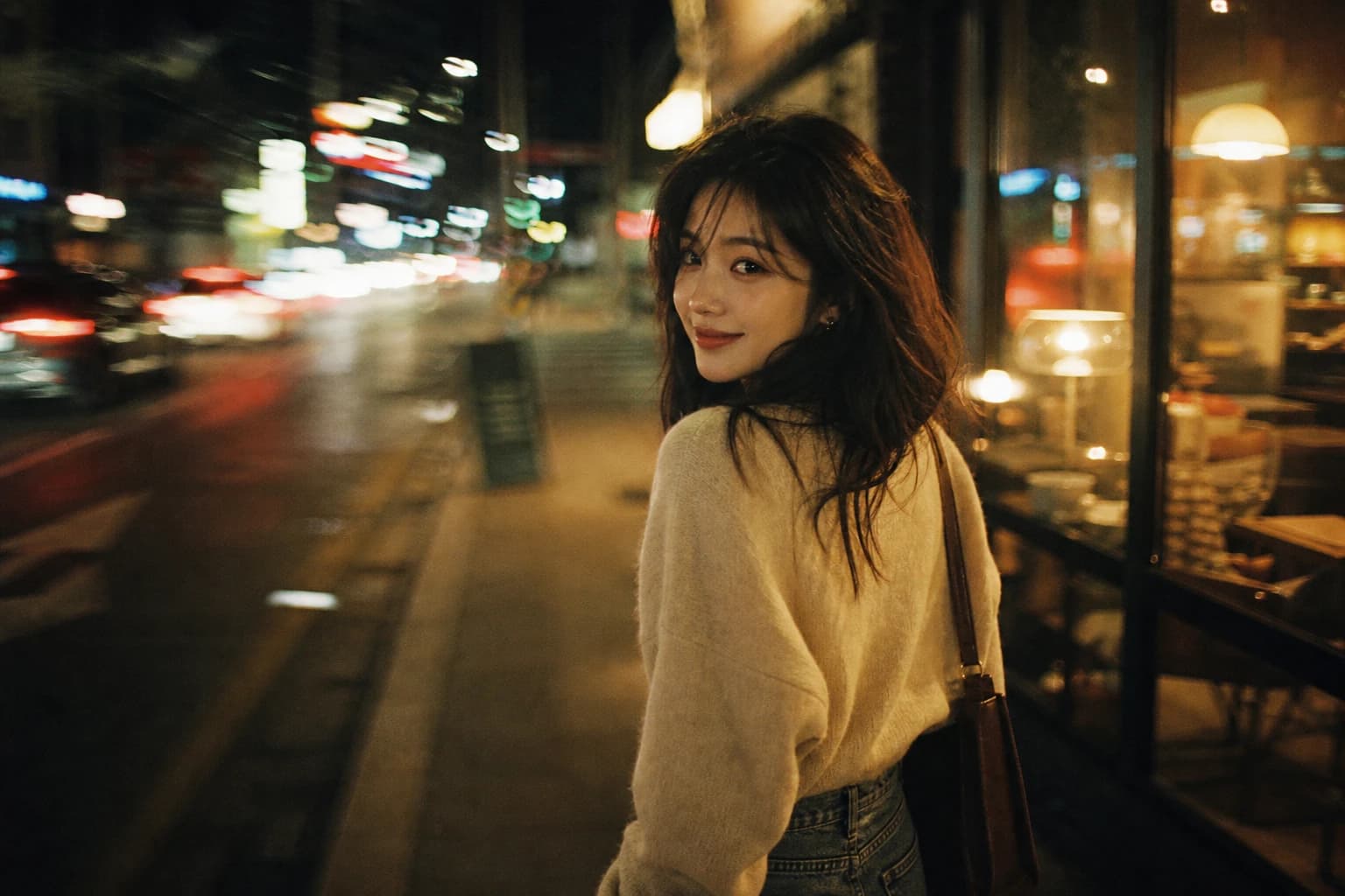 따뜻한 카페 불빛과 도시의 야경 속에서 뒤돌아보는 여성